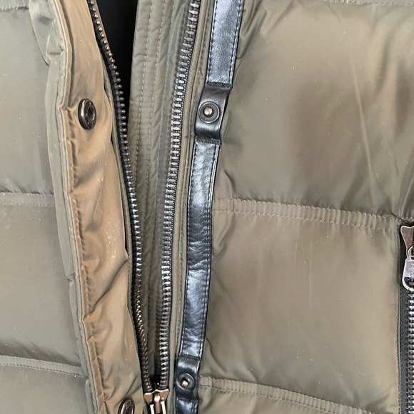 Olive Green Down puffer with black Leather sleeves and detachable fur hood. - Picture 6 of 9